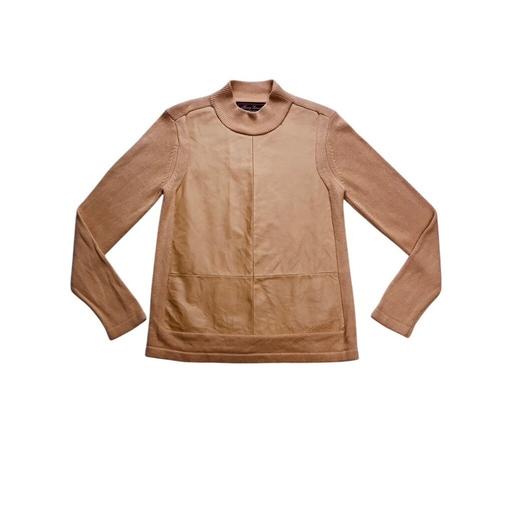 Terry Lewis Sweater Womens Medium Tan Leather Trim Ramie Cotton Mock Neck